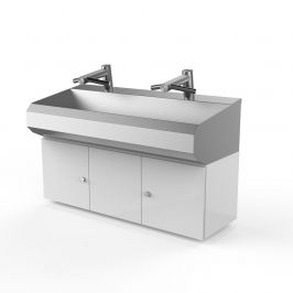 Two Station Fosse Cabinet Mounted Wash Basin Featuring the Dyson Airblade Wash+Dry Hand Dryer